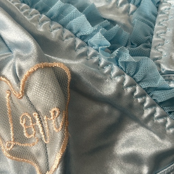 Coquette Silky Satin Mesh Ruffled “LOVE” Stretchy Baby Blue Triangle Bra Top - Picture 10 of 12